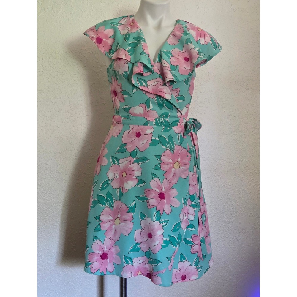 GB Mint Green Pink Floral Ruffle Wrap Dress V-Neck Mini Size M NWT